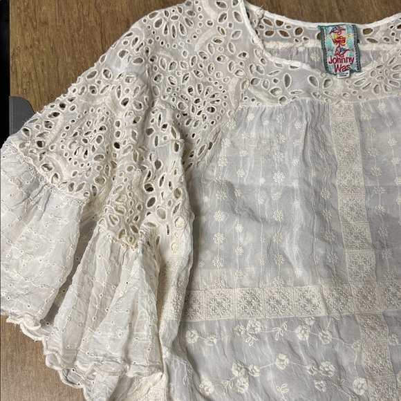 Johnny Was great shape eyelet embroidered cream ruffle sleeves plaid blouse top - Picture 3 of 8